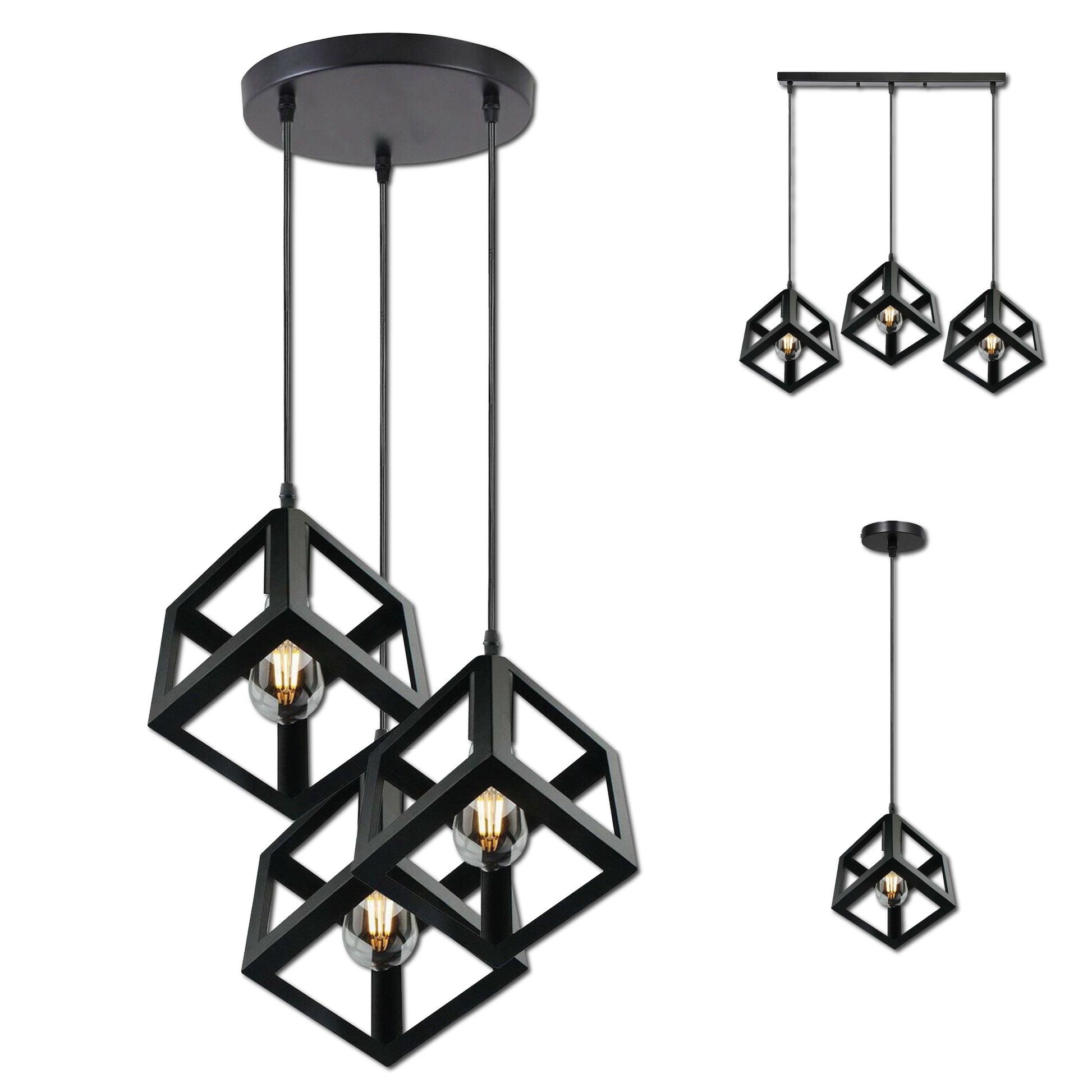 Vintage Industrial 1/3 Light Black Square Cluster Pendant Light Fitting~1256-5