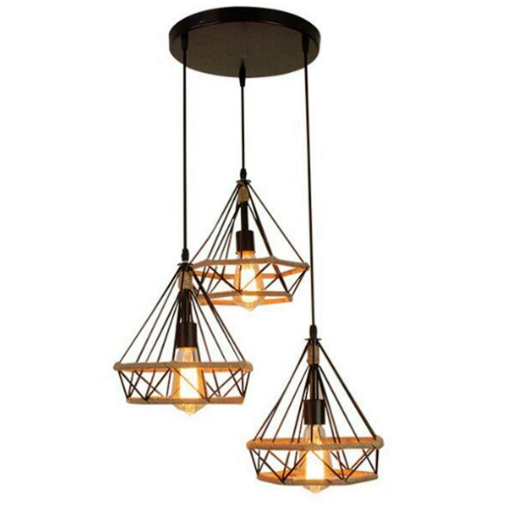 Industrial Retro Black Hemp Cage Loft 3 Light Cluster Pendant Light~3216-3