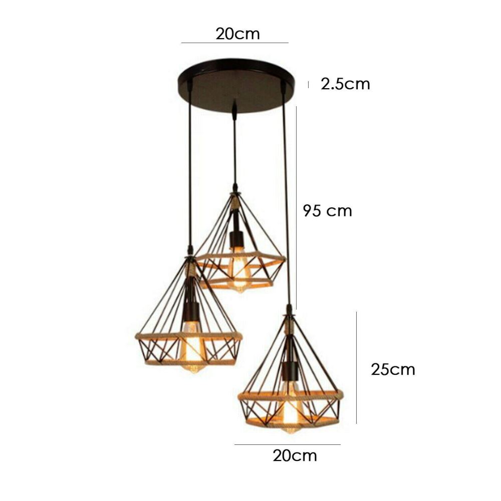 Industrial Retro Black Hemp Cage Loft 3 Light Cluster Pendant Light~3216-4