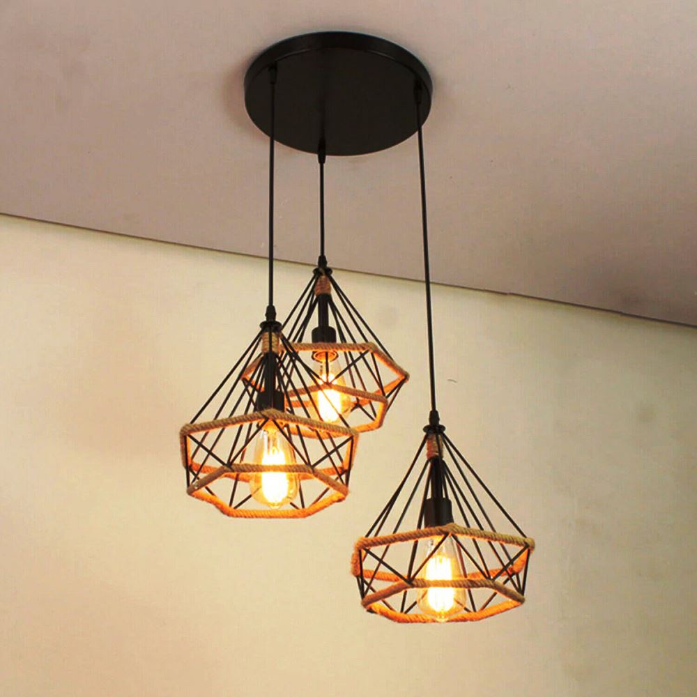 Industrial Retro Black Hemp Cage Loft 3 Light Cluster Pendant Light~3216-2