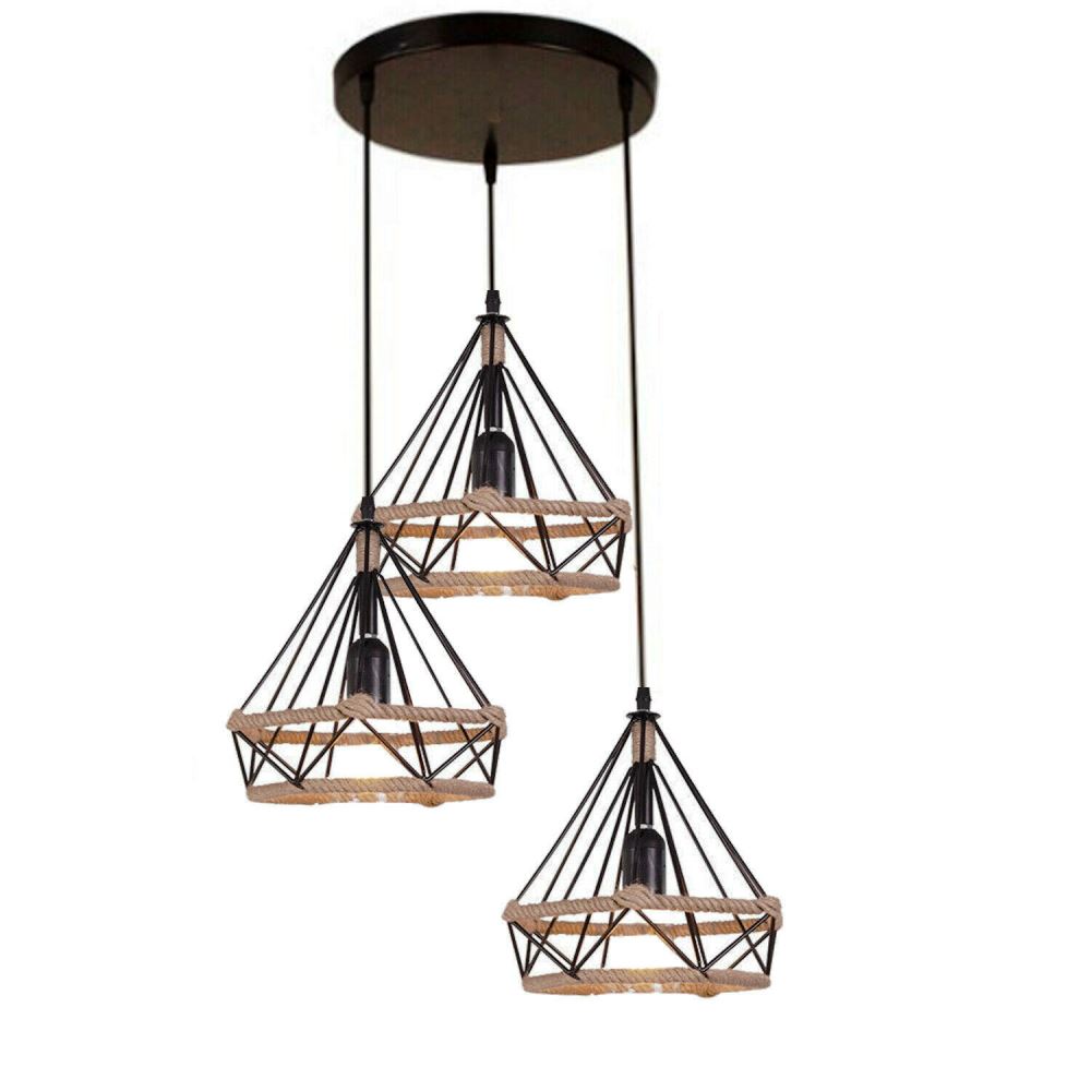 Industrial Retro Black Hemp Cage Loft 3 Light Cluster Pendant Light~3216-6