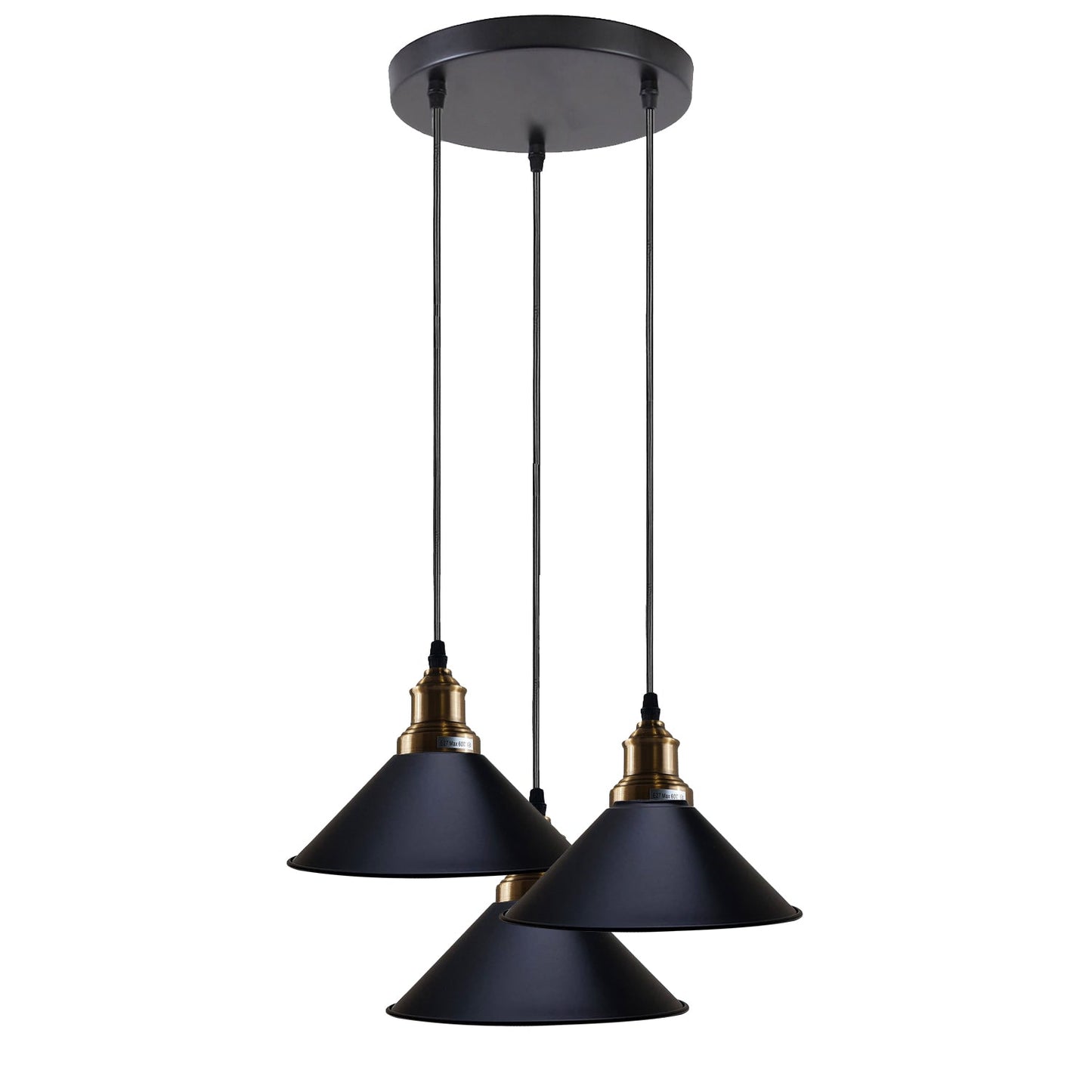 Black 3 Way Pendant Light Fixture Cone Shade Hanging Pendant Ceiling Lights~1492-0