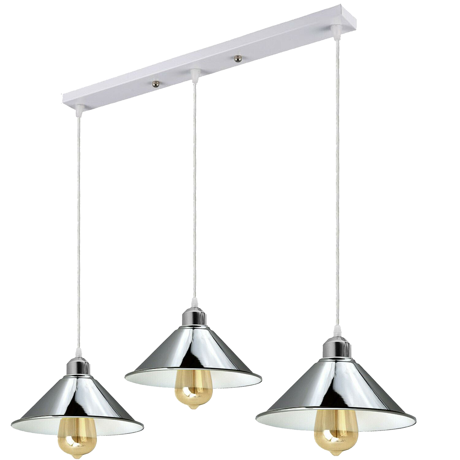 Modern Industrial Chrome 3 Way Ceiling Pendant Light Metal Cone Shape Shade Indoor Hanging Lighting For Bedroom, Dining Room, Living Room~1183-4