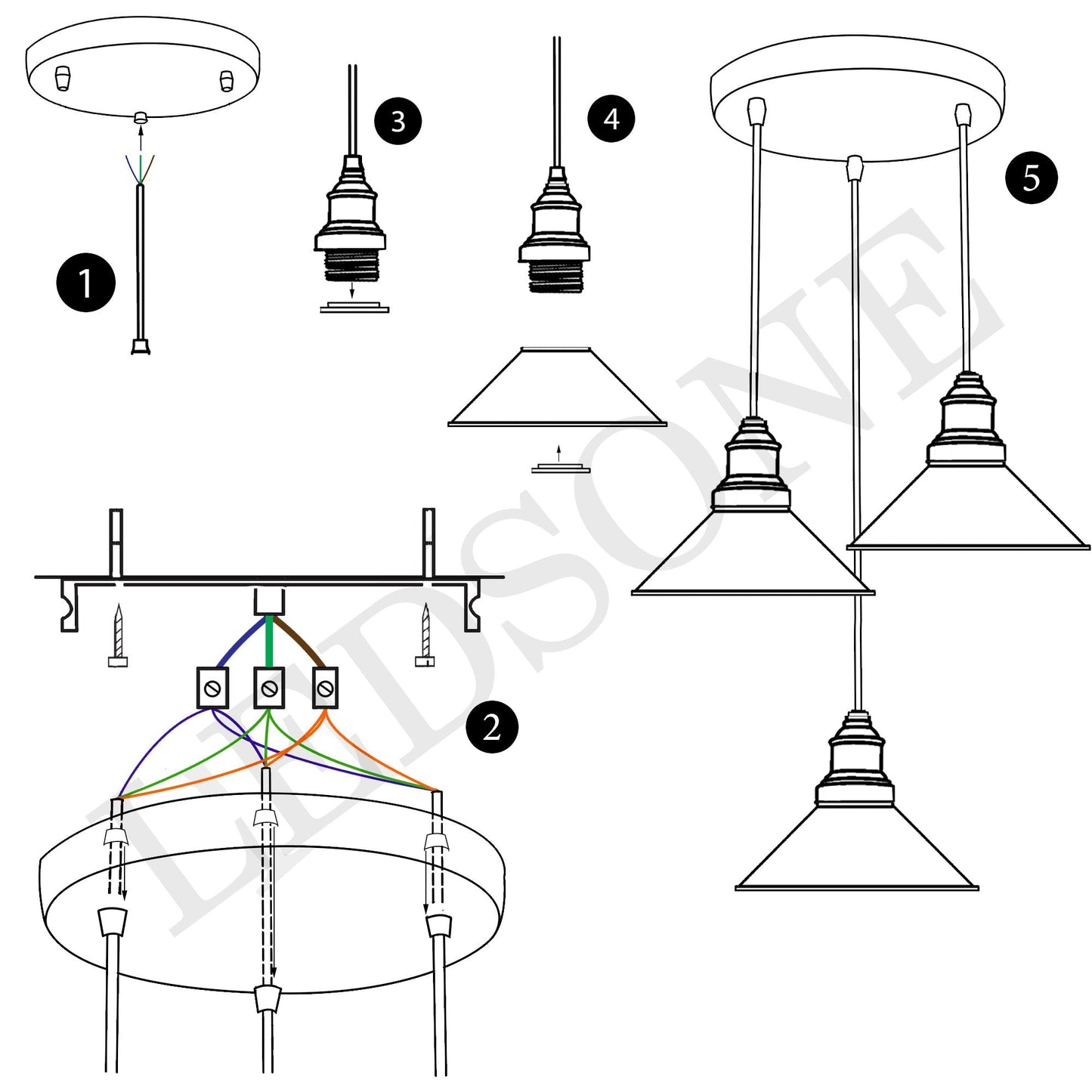Black 3 Way Pendant Light Fixture Cone Shade Hanging Pendant Ceiling Lights~1492-3