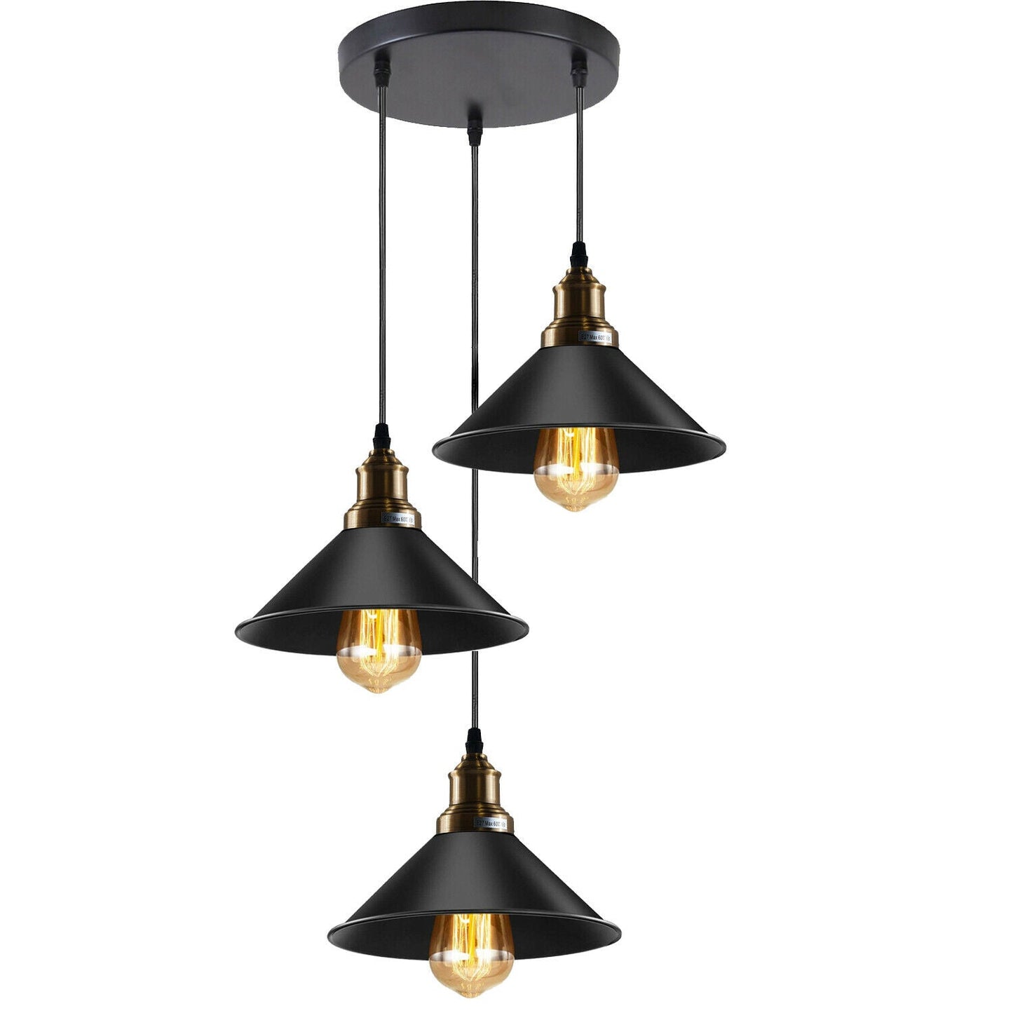 Black 3 Way Pendant Light Fixture Cone Shade Hanging Pendant Ceiling Lights~1492-2
