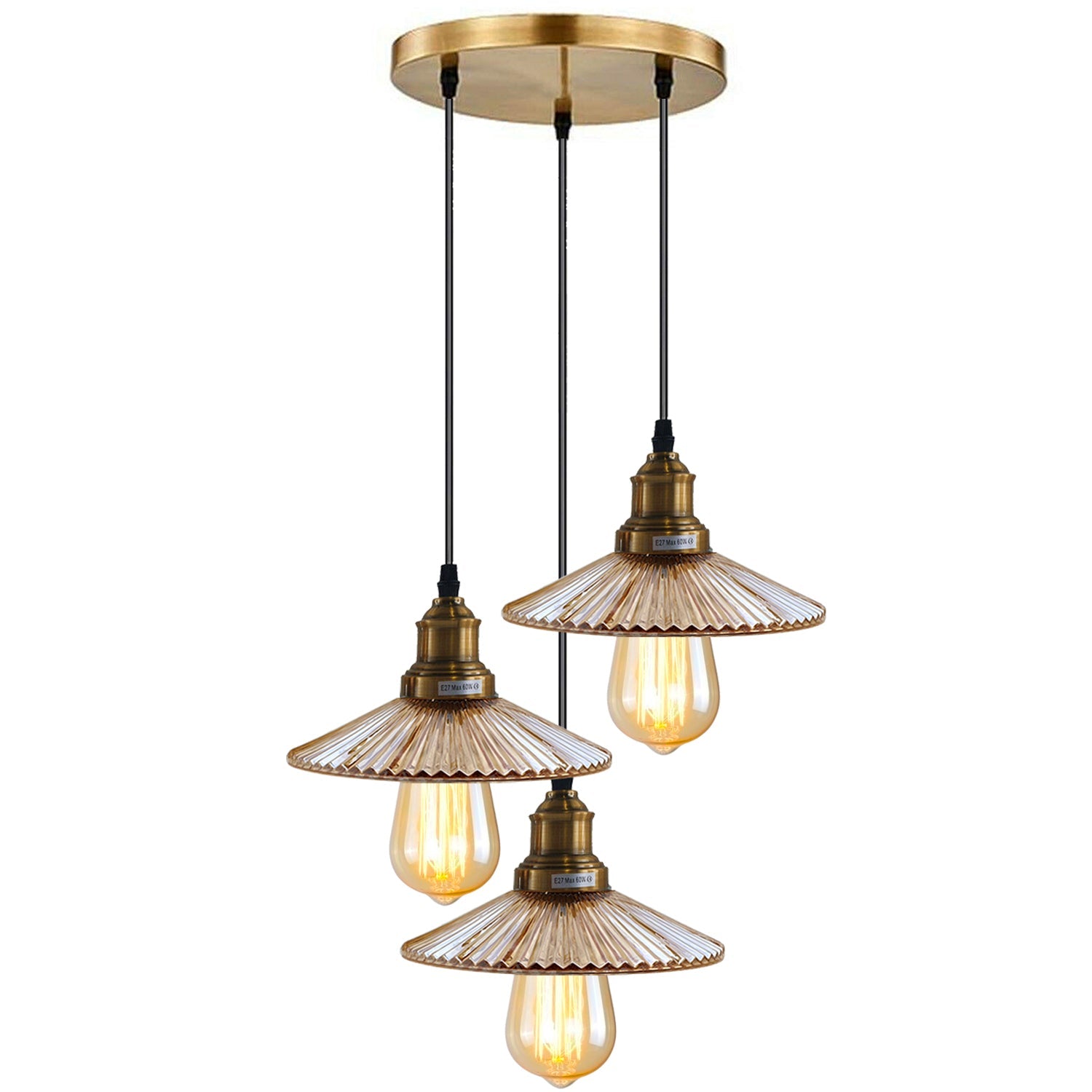 3 Way Ceiling Pendant Light Cluster Light Fitting Glass Lampshade Yellow Brass Finish Home E27 Lighting Kit~1559-0