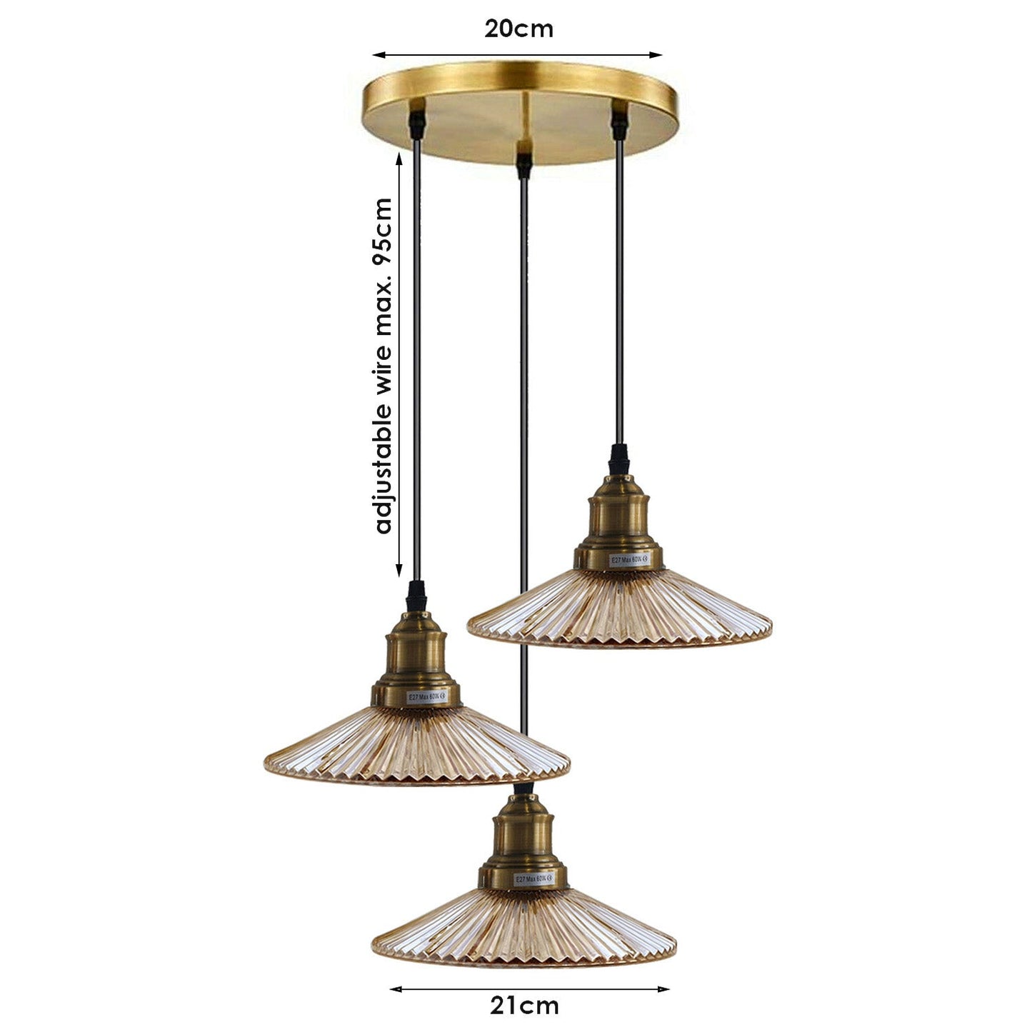 3 Way Ceiling Pendant Light Cluster Light Fitting Glass Lampshade Yellow Brass Finish Home E27 Lighting Kit~1559-1