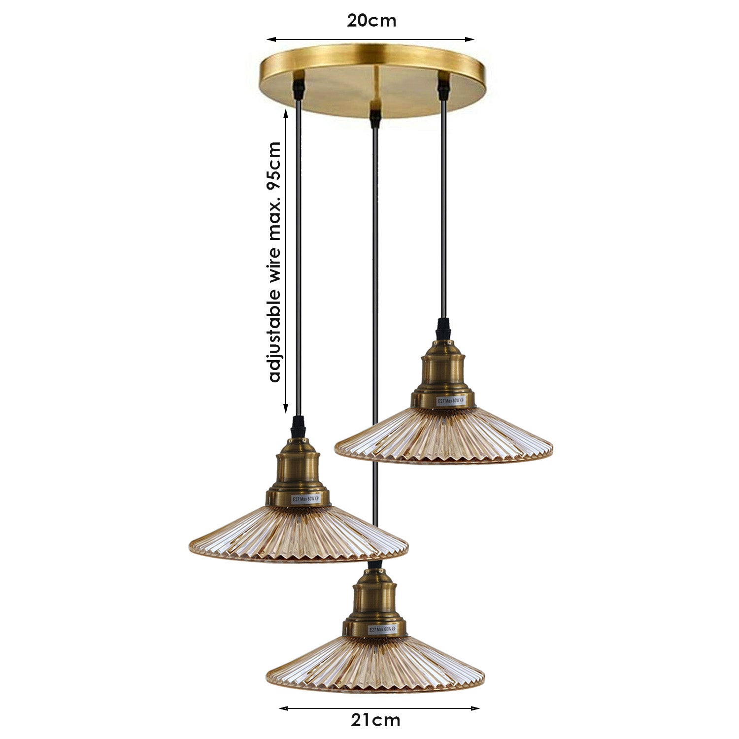 3 Way Ceiling Pendant Light Cluster Light Fitting Glass Lampshade Yellow Brass Finish Home E27 Lighting Kit~1559-1