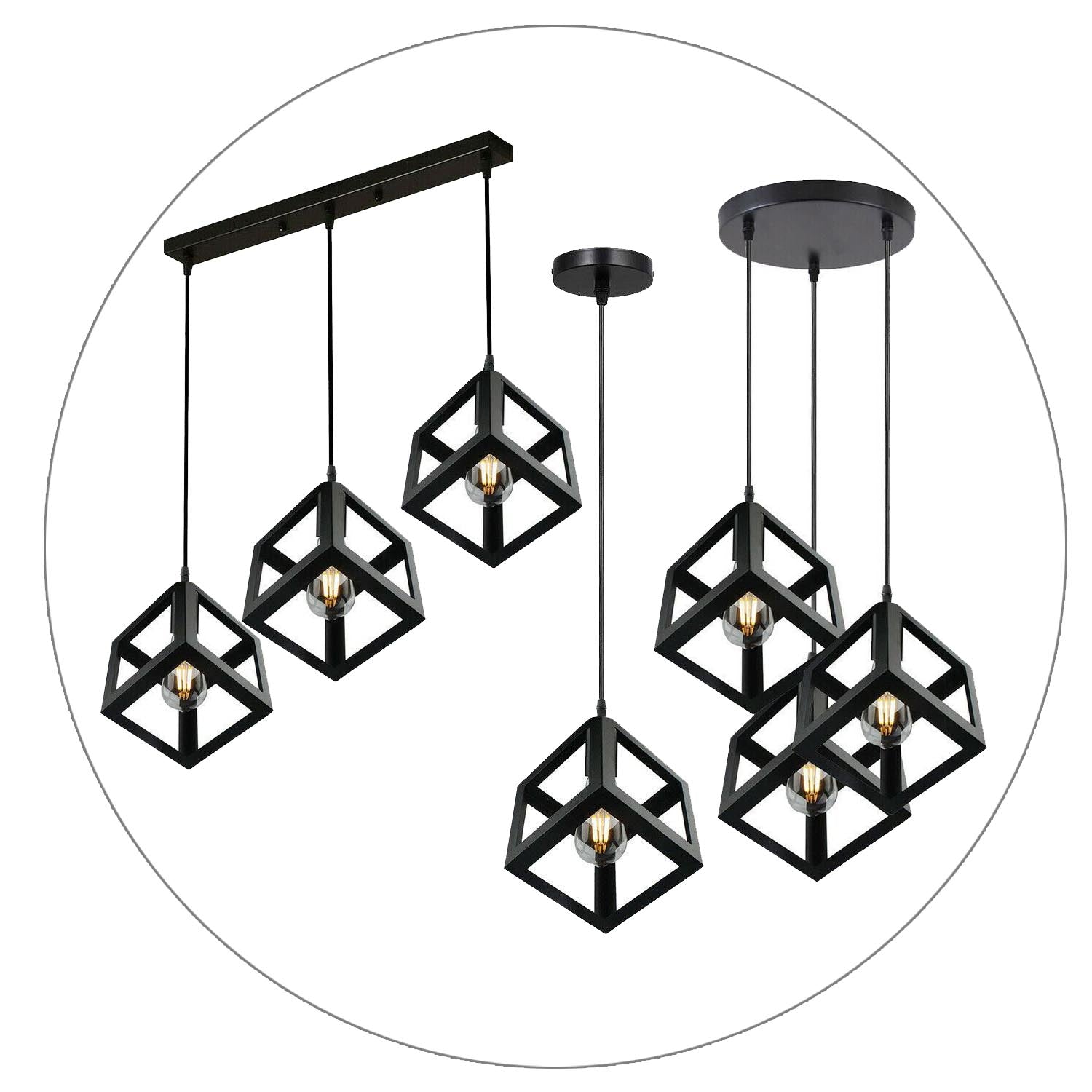 Vintage Industrial 1/3 Light Black Square Cluster Pendant Light Fitting~1256-8