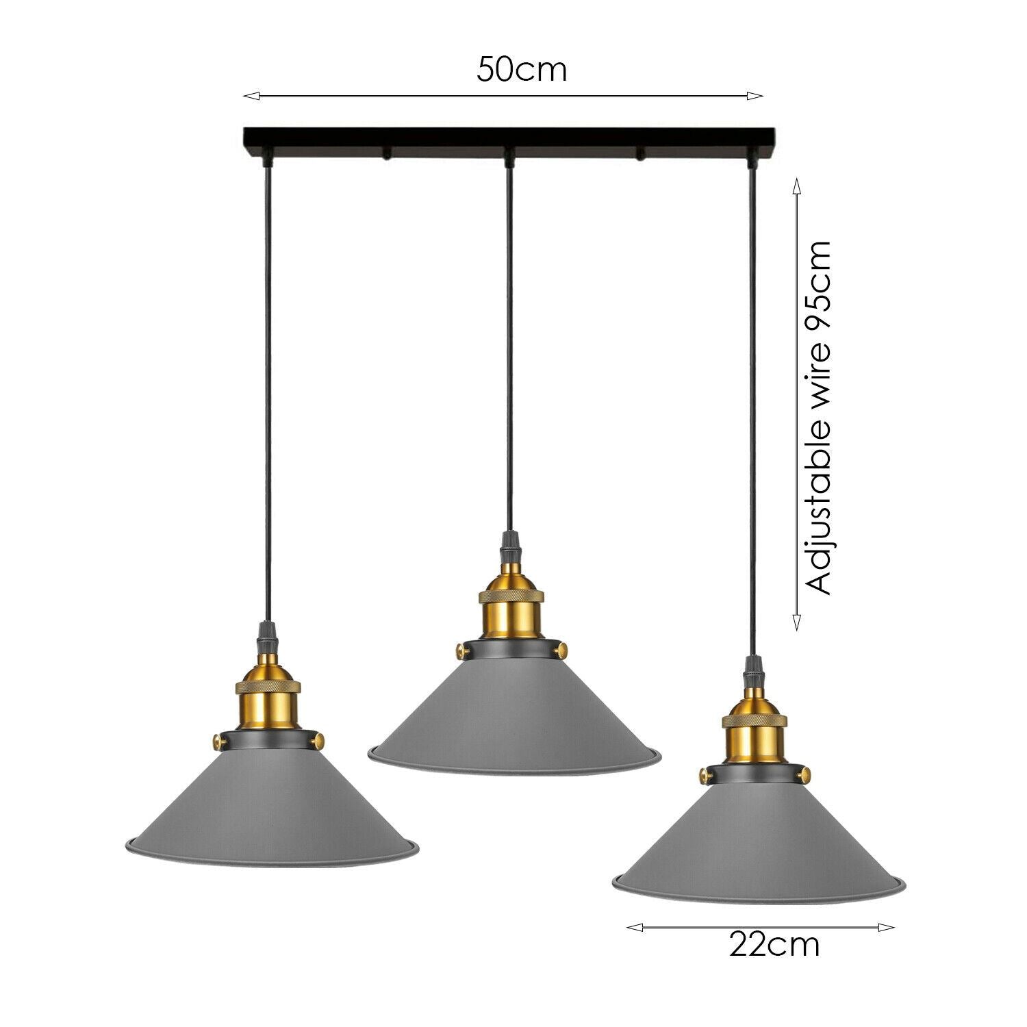 Industrial Vintage Pendant light with 3 heads cone various colours E27 Uk Holders ~1301-14