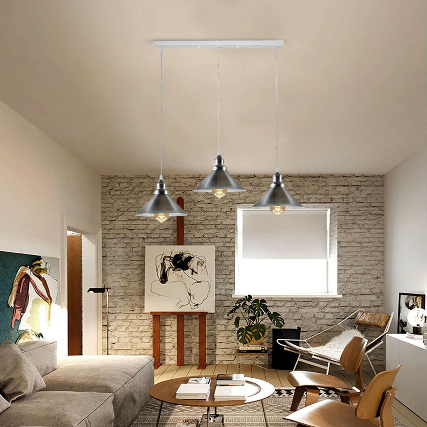 Modern Industrial Satin Nickel Indoor Hanging 3 Way Ceiling Pendant Light Metal Cone Shape Shade For Bar, Bedroom, Dining Room~1178-2