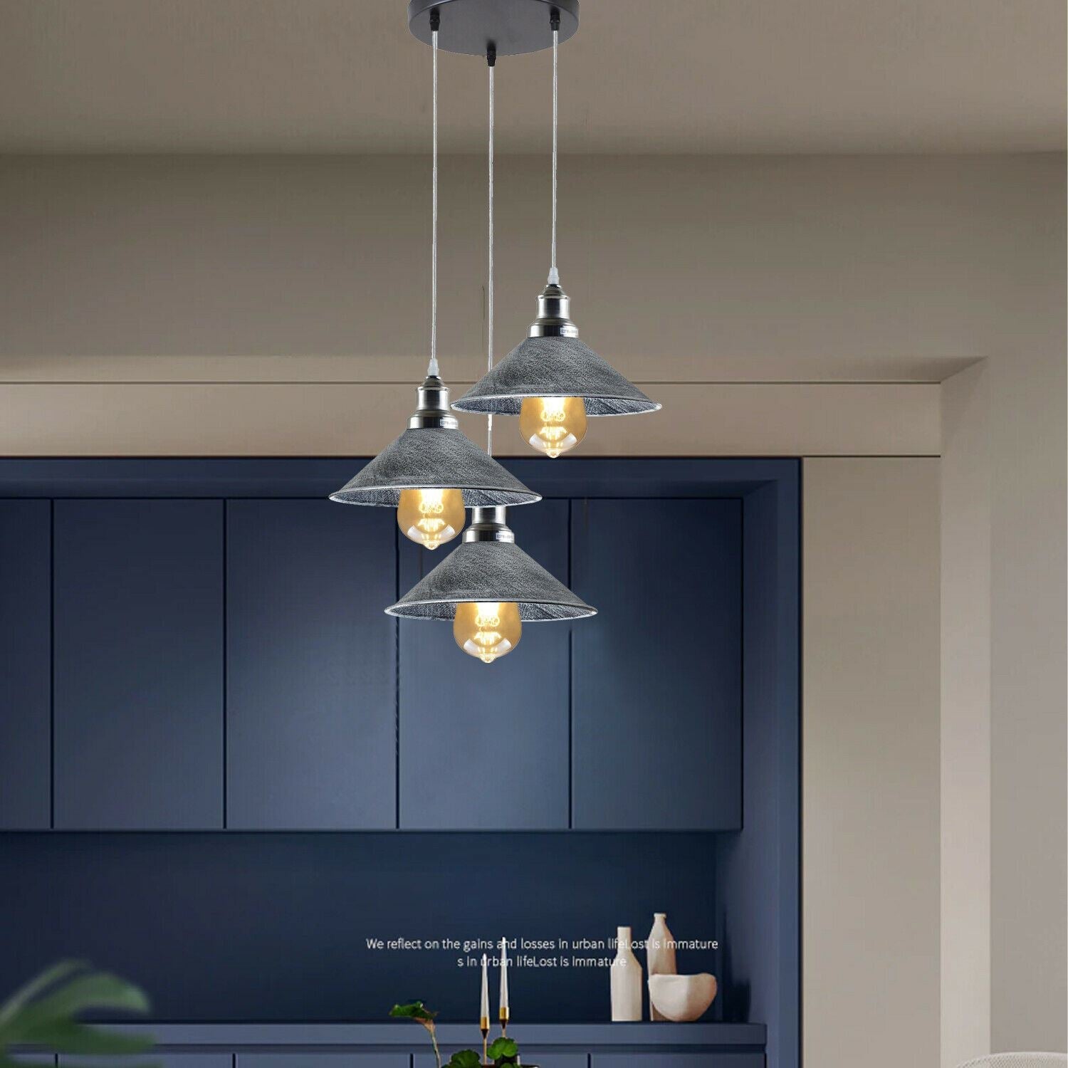 3 Head Ceiling Light, Multi Color Cluster Ceiling Hanging Lamp, Pendant Light Fixture with Cone Metal Shade~1302-14