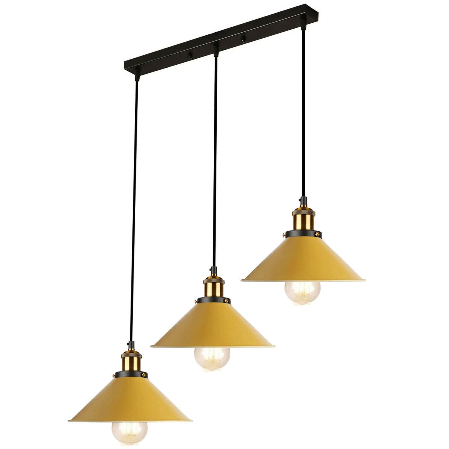 Industrial Vintage Pendant light with 3 heads cone various colours E27 Uk Holders ~1301-38