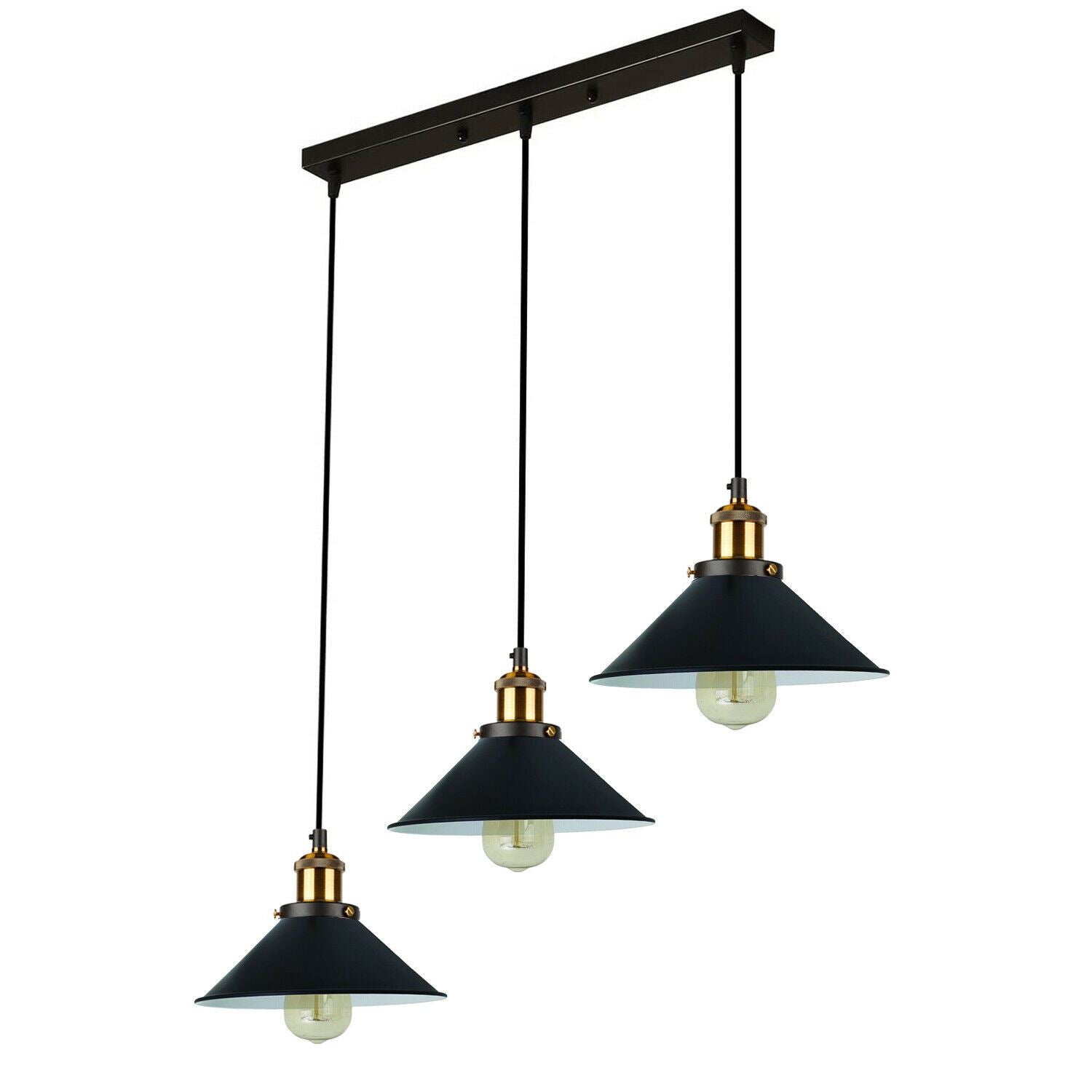 Industrial Vintage Pendant light with 3 heads cone various colours E27 Uk Holders ~1301-11