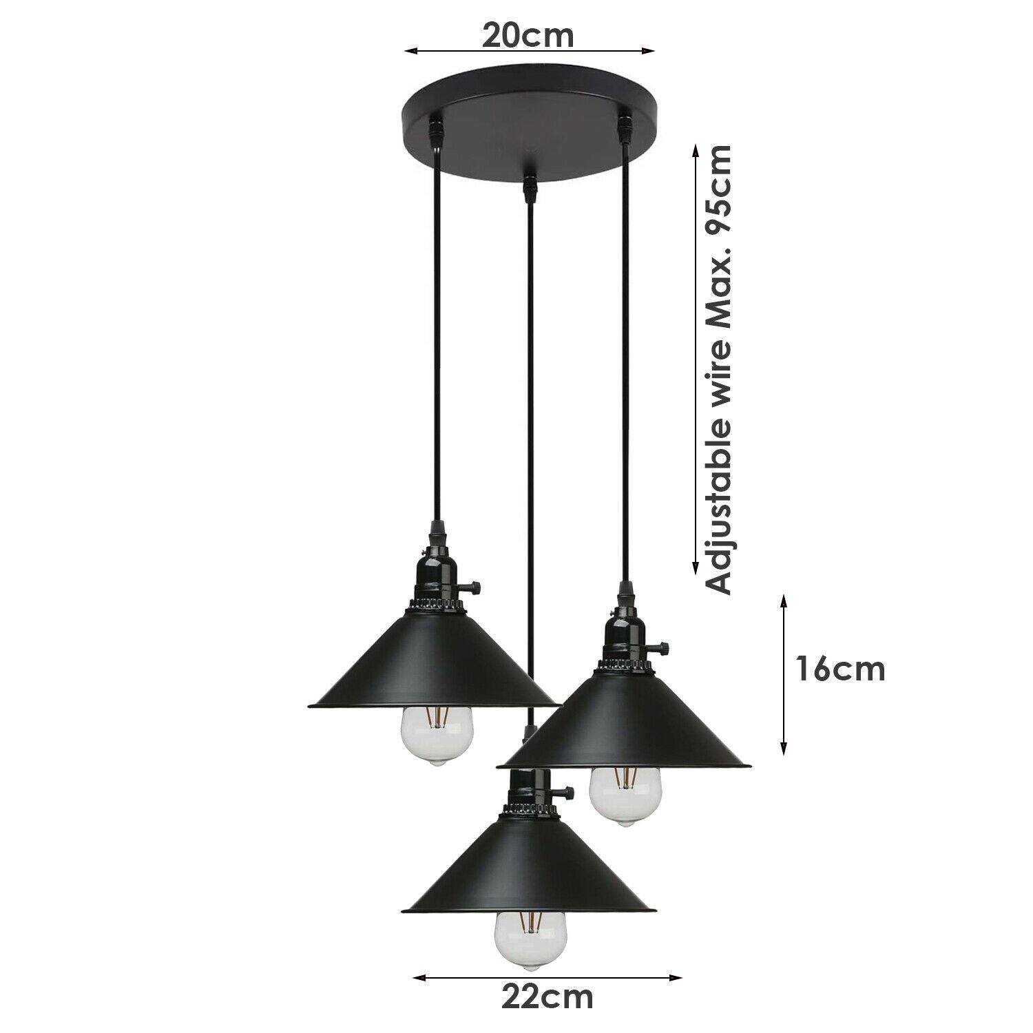 3 Way Vintage Industrial Ceiling Pendant Light Metal Retro Loft Hang Lampshade~1305-8