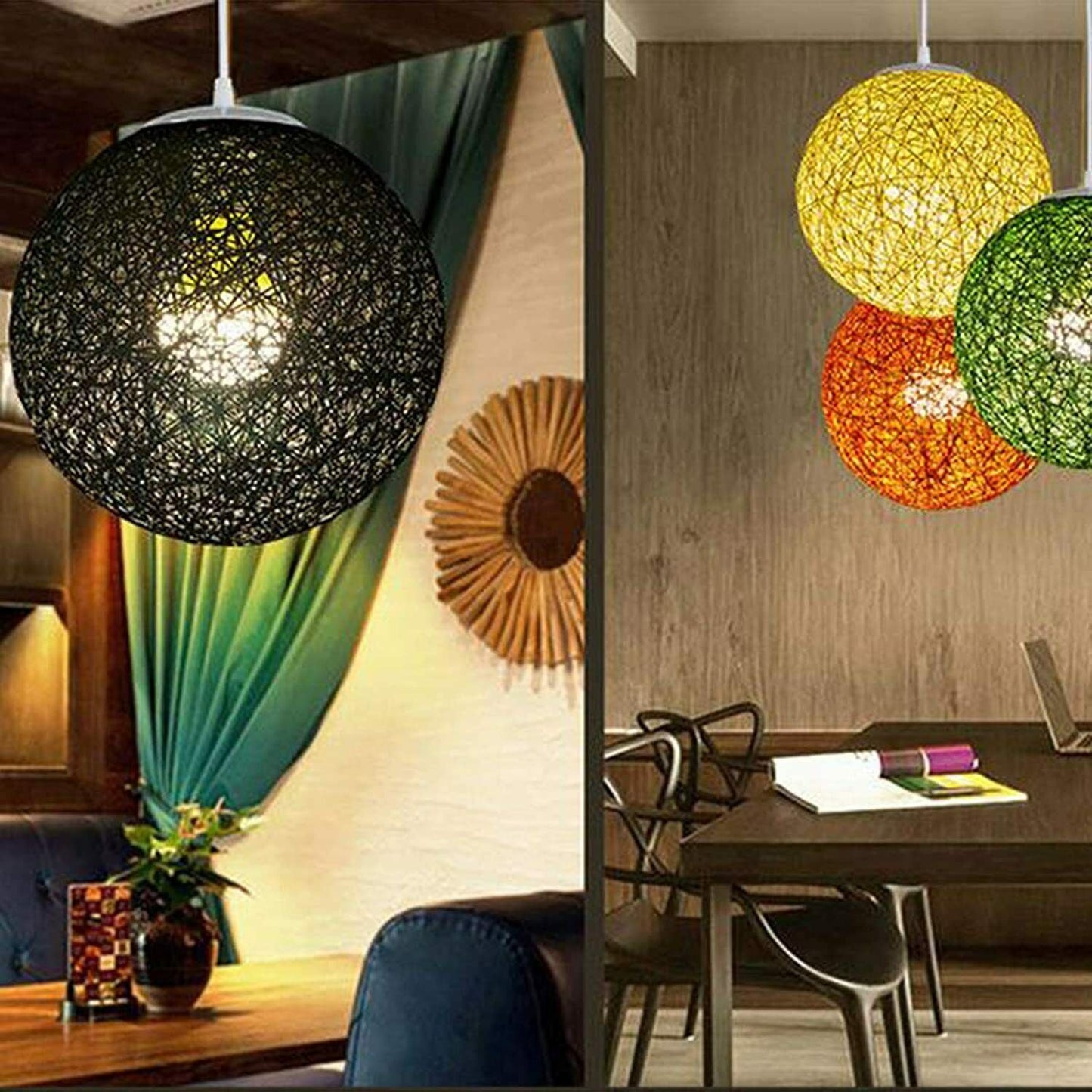 Modern Industrial Rattan Wicker Woven Ball Globe Two Outlet Pendant Light Hanging Ceiling Lamp For Bedroom, Kitchen, Study room~1331-21