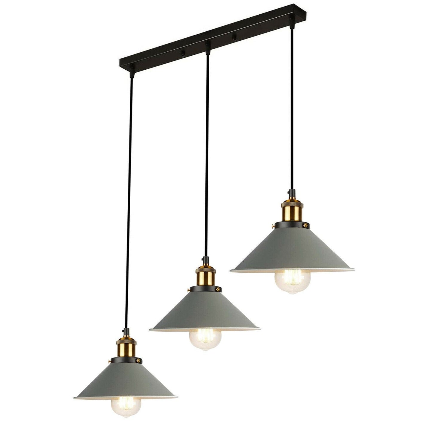 Industrial Vintage Pendant light with 3 heads cone various colours E27 Uk Holders ~1301-0