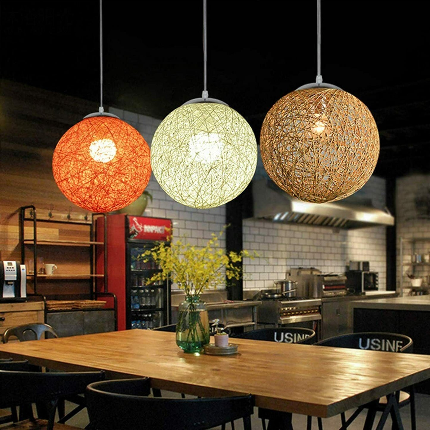 Modern Industrial Rattan Wicker Woven Ball Globe Two Outlet Pendant Light Hanging Ceiling Lamp For Bedroom, Kitchen, Study room~1331-24