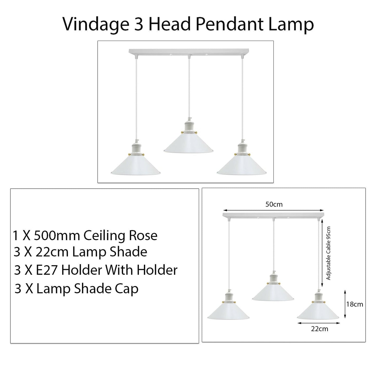 Vintage Industrial White 3 Way Hanging Pendant Light Indoor Ceiling Light Metal Cone Shape Shade~1004-6