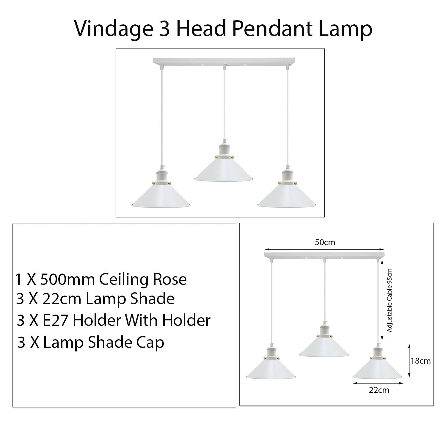 Vintage Industrial White 3 Way Hanging Pendant Light Indoor Ceiling Light Metal Cone Shape Shade~1004-6