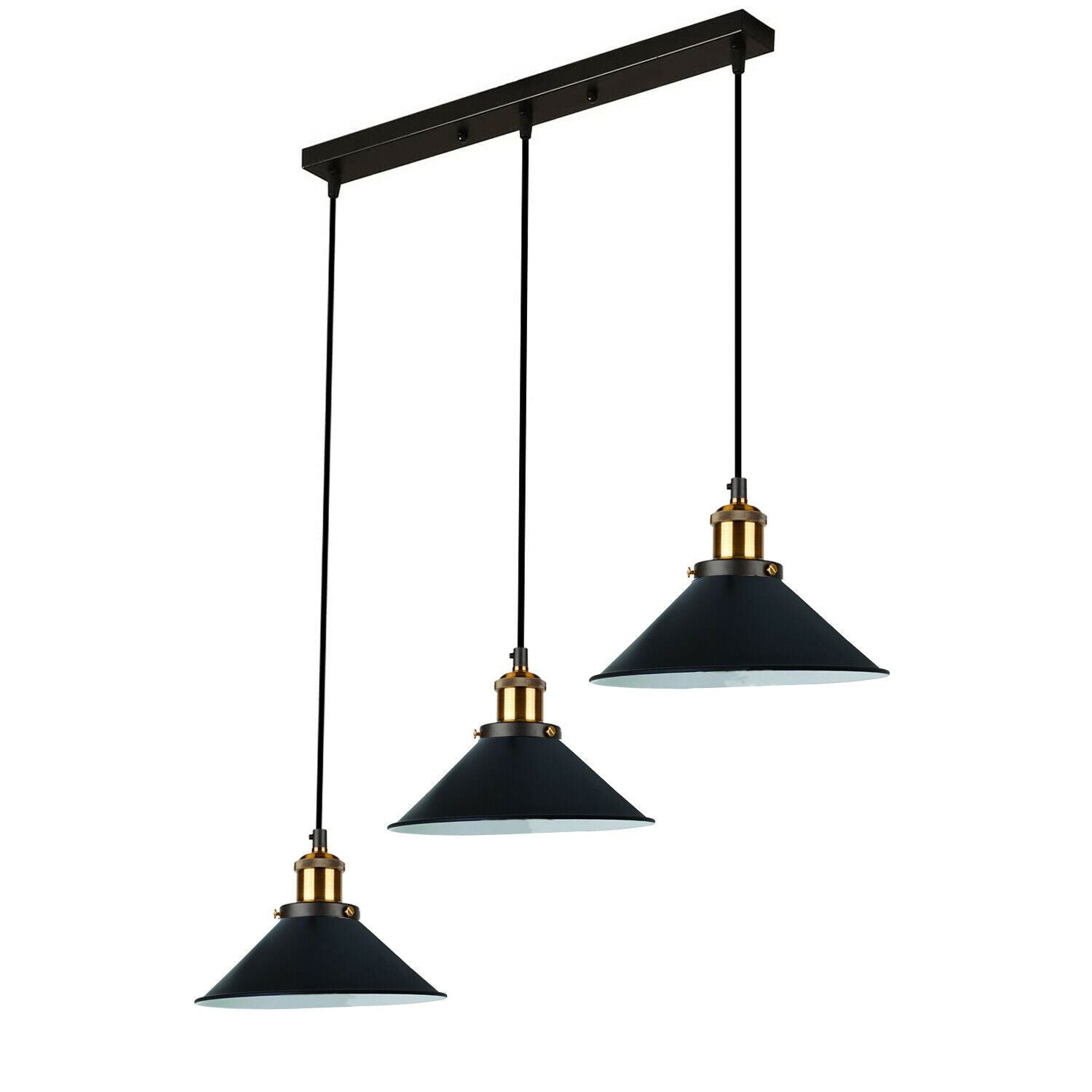 Industrial Vintage Pendant light with 3 heads cone various colours E27 Uk Holders ~1301-3