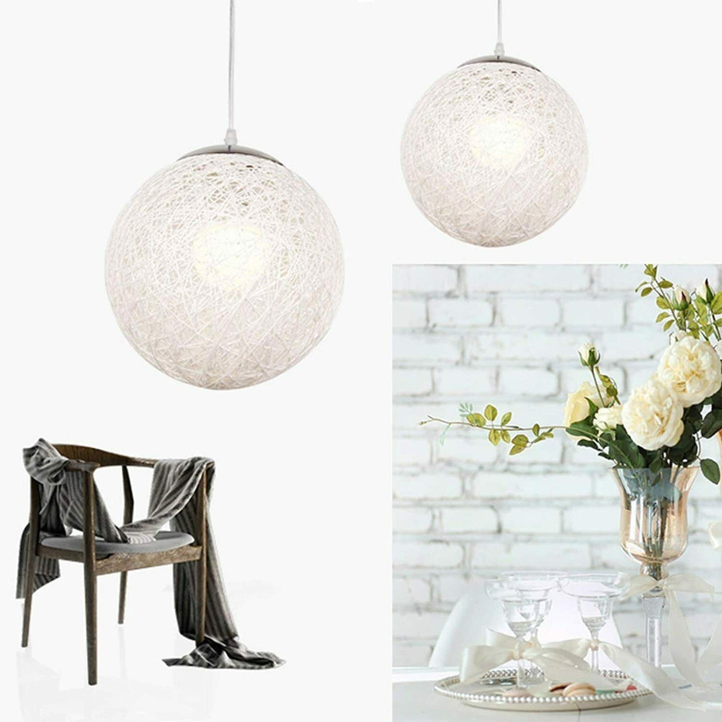 Modern Industrial Rattan Wicker Woven Ball Globe Two Outlet Pendant Light Hanging Ceiling Lamp For Bedroom, Kitchen, Study room~1331-25