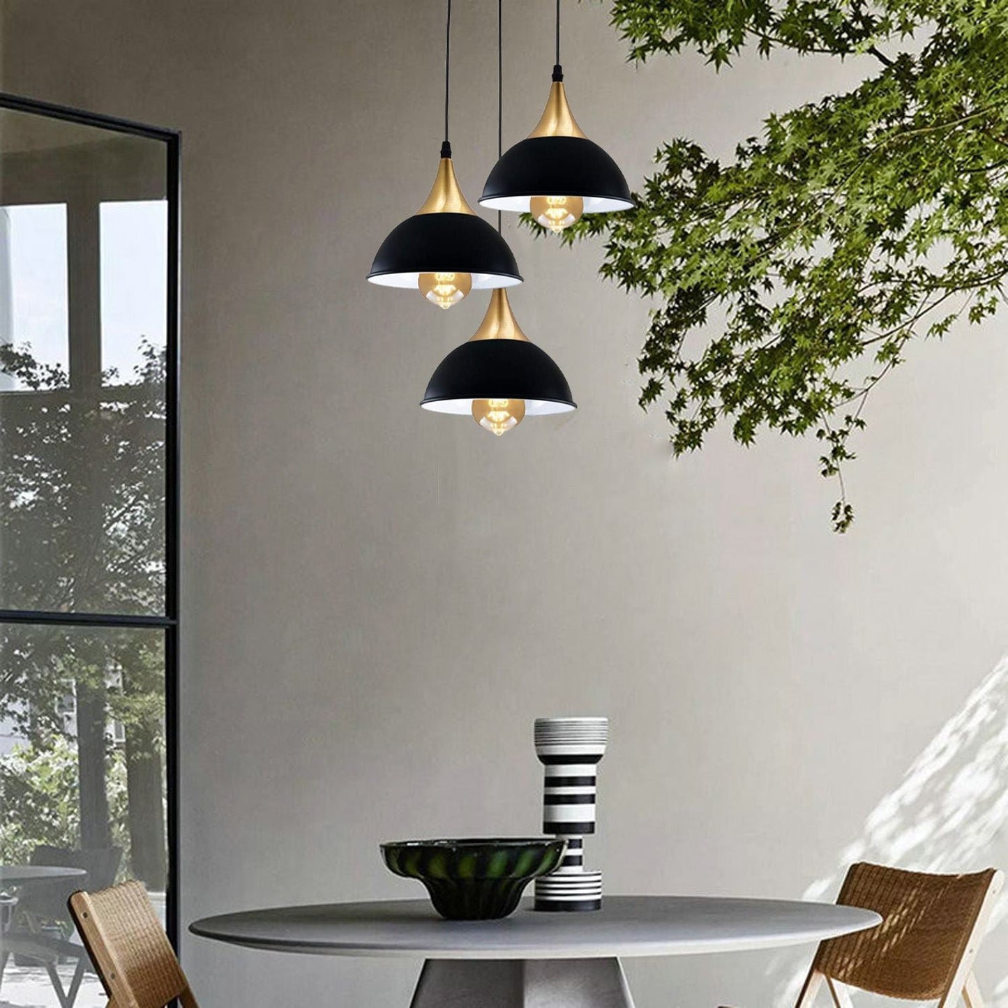 Retro Industrial 3Way Hanging Ceiling Pendant Light Black Dome Shape Shade Indoor Light~3396-8