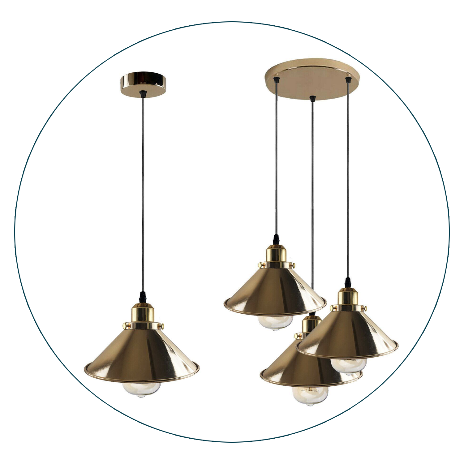 Modern Industrial French Gold Hanging Ceiling Pendant Light Metal Cone Shape Indoor Lighting For Bed Room, Kitchen, Living Room~1171-4