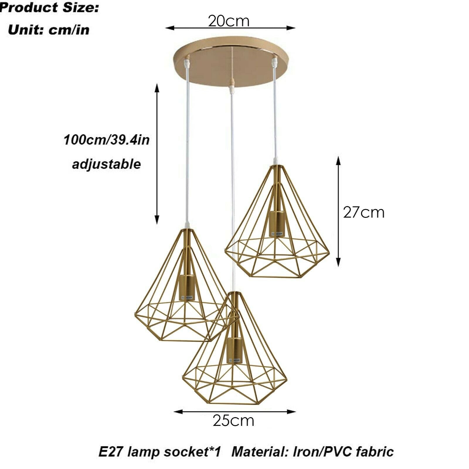 Modern Vintage Industrial Retro Loft 3 Head Ceiling Pendant Lamp Shade~2342-3