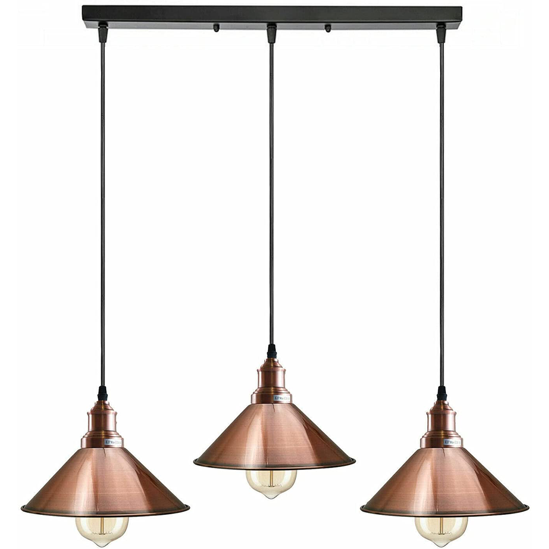 Industrial Vintage Pendant light with 3 heads cone various colours E27 Uk Holders ~1301-46