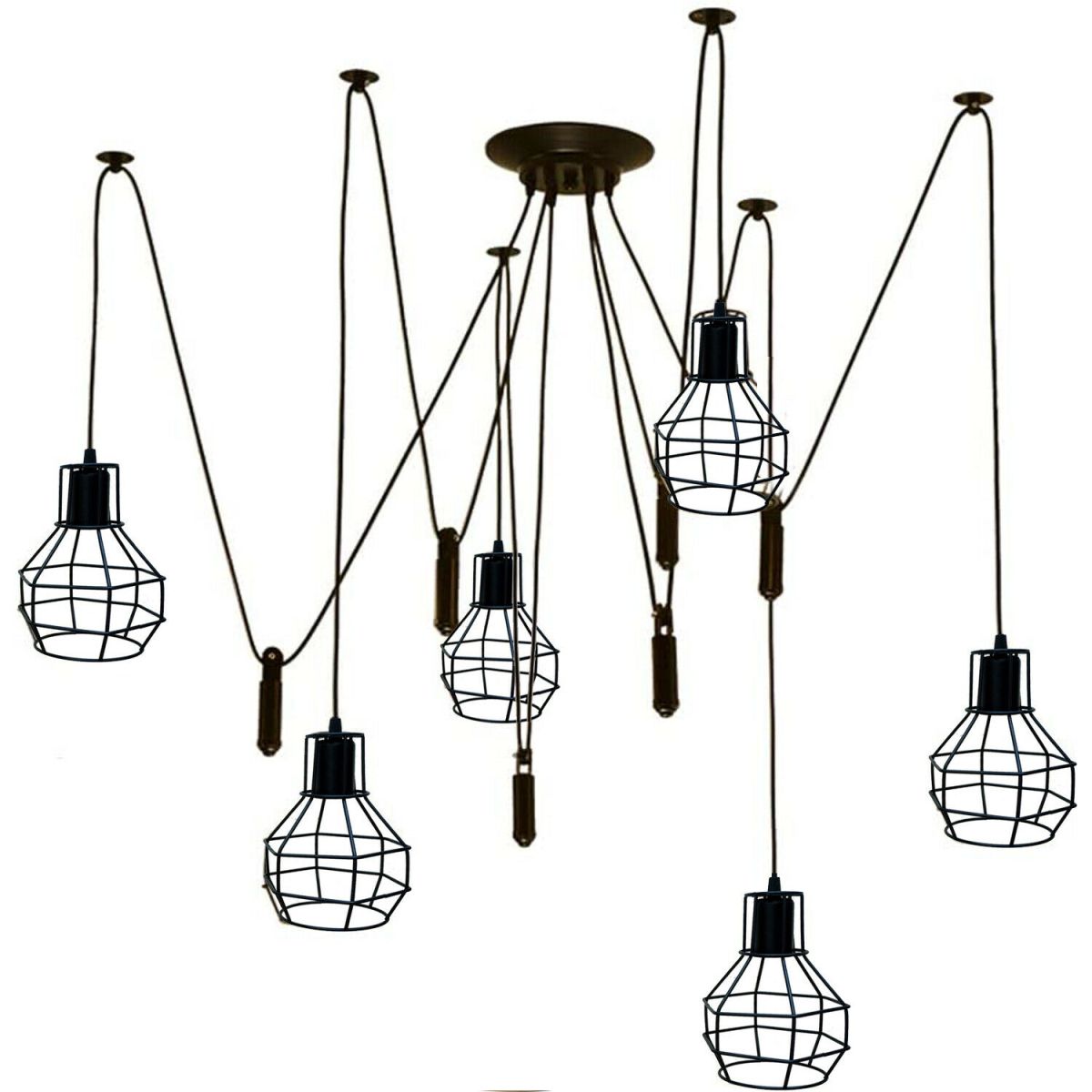 Black Spider Chandelier with Wire Cage 6 Out Let Pendant Light~2018-1