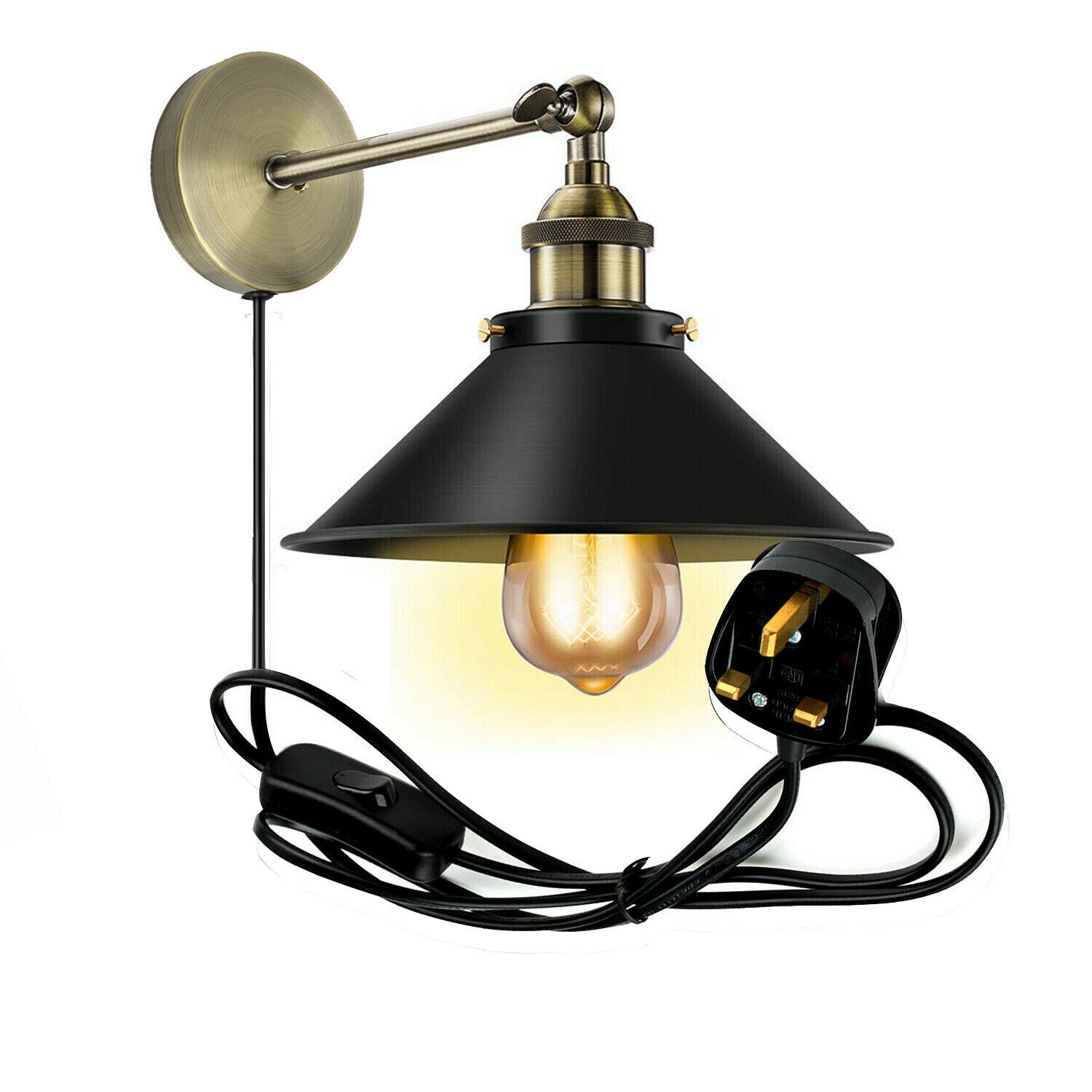 Vintage Retro Modern Plug In Wall Light Fitting Black Sconce with FREE Bulb Lamp shade fitting Shade Wall Light UK~2271-0