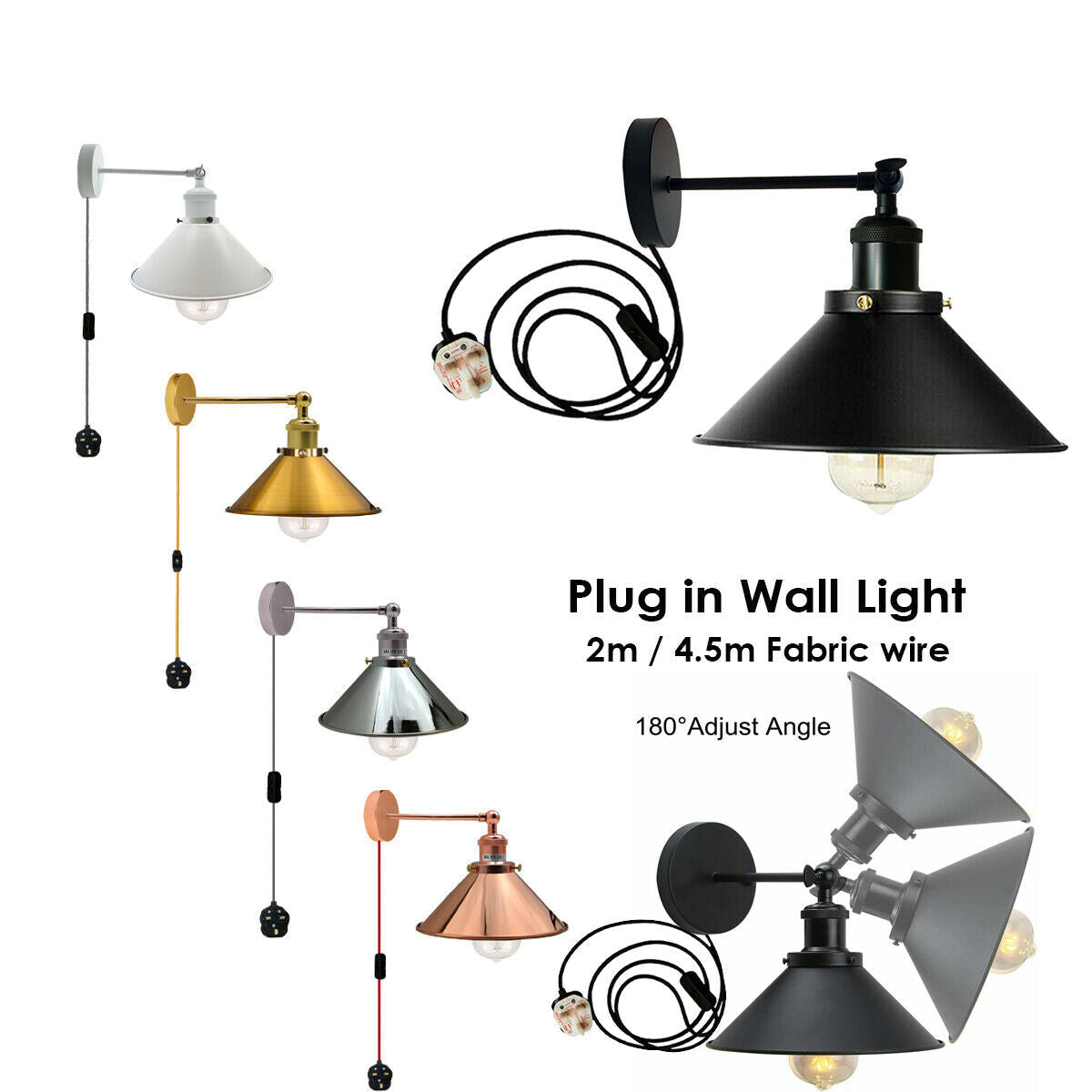 E27 Wall Light Porch Lamp Vintage Industrial Indoor Plug In Wall Light Sconce~2224-23