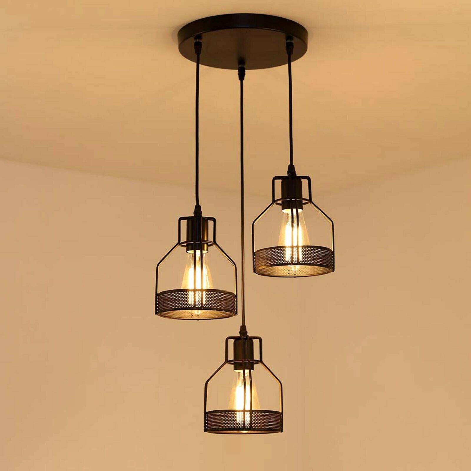 Modern rectangle Round 3 Way Ceiling Pendant Cluster Light Fitting Cage Style Light UK~2140-12