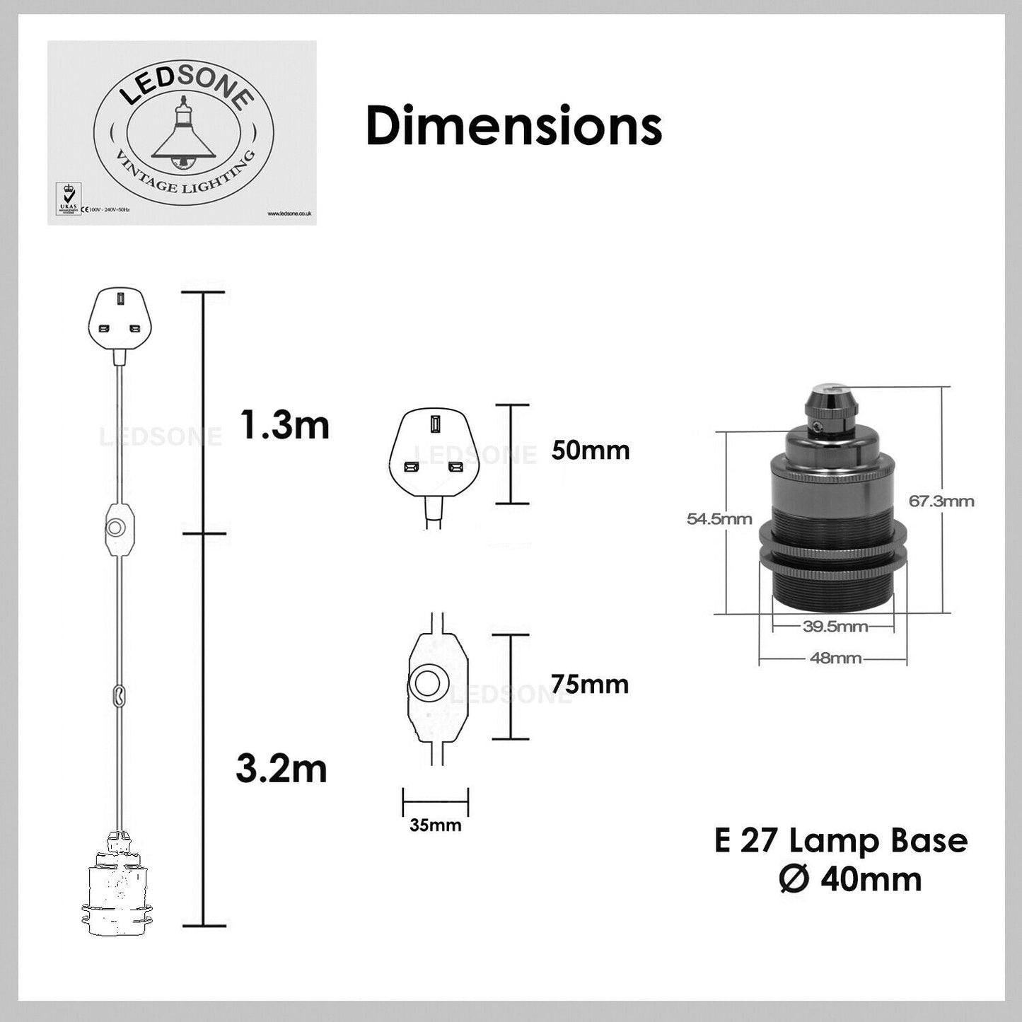 2m/4m/4.5m Fabric Flex Cable Plug In Pendant Lamp Light Set with dimmer / E27 Holder~2177-43