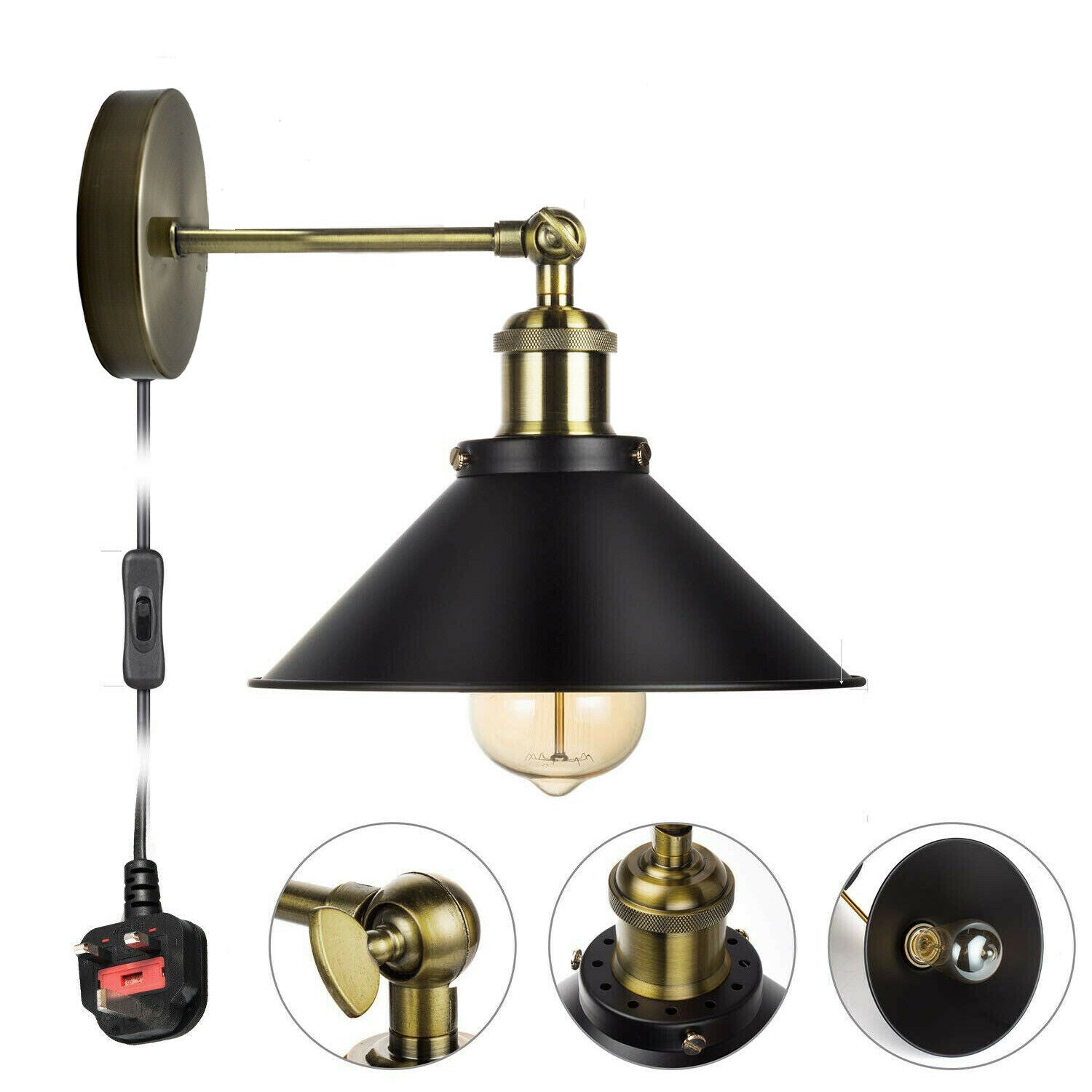 Vintage Retro Modern Plug In Wall Light Fitting Black Sconce Lamp shade fitting Shade Wall Light UK~2273-8